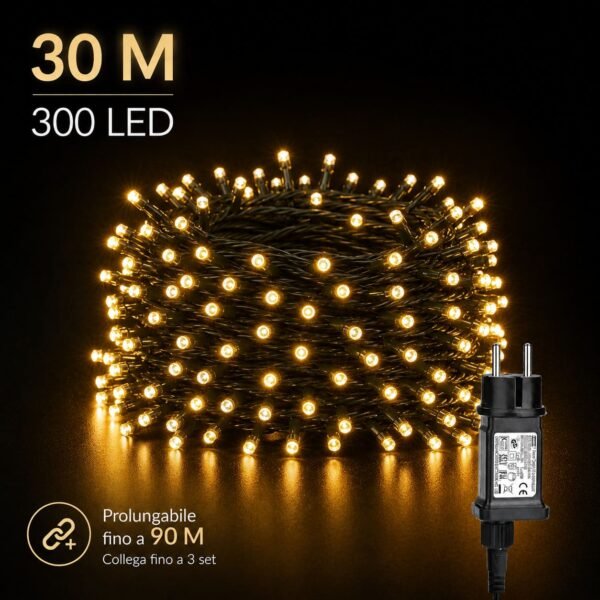 Luci di natale bianco caldo 30 metri 300 led prolungabili a corrente