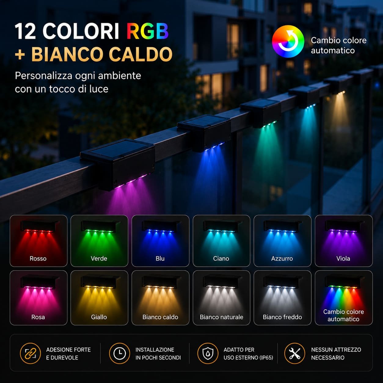 Luci solari RGB da balcone o parete - 4 led che cambiano colore - 12 ore di luce garantiti - immagine 5