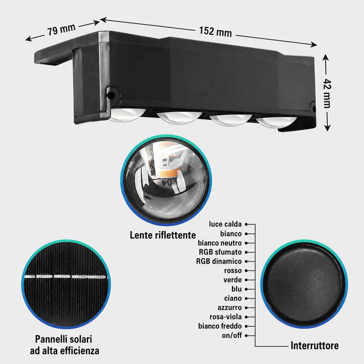 Luci solari RGB da balcone o parete - 4 led che cambiano colore - 12 ore di luce garantiti - immagine 4