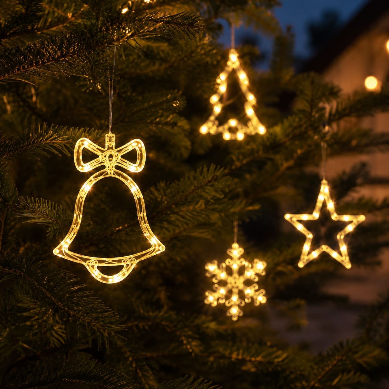 Luci di natale da appendere con batteria, Albero di Natale, Stella, Campanella e fiocco di neve
