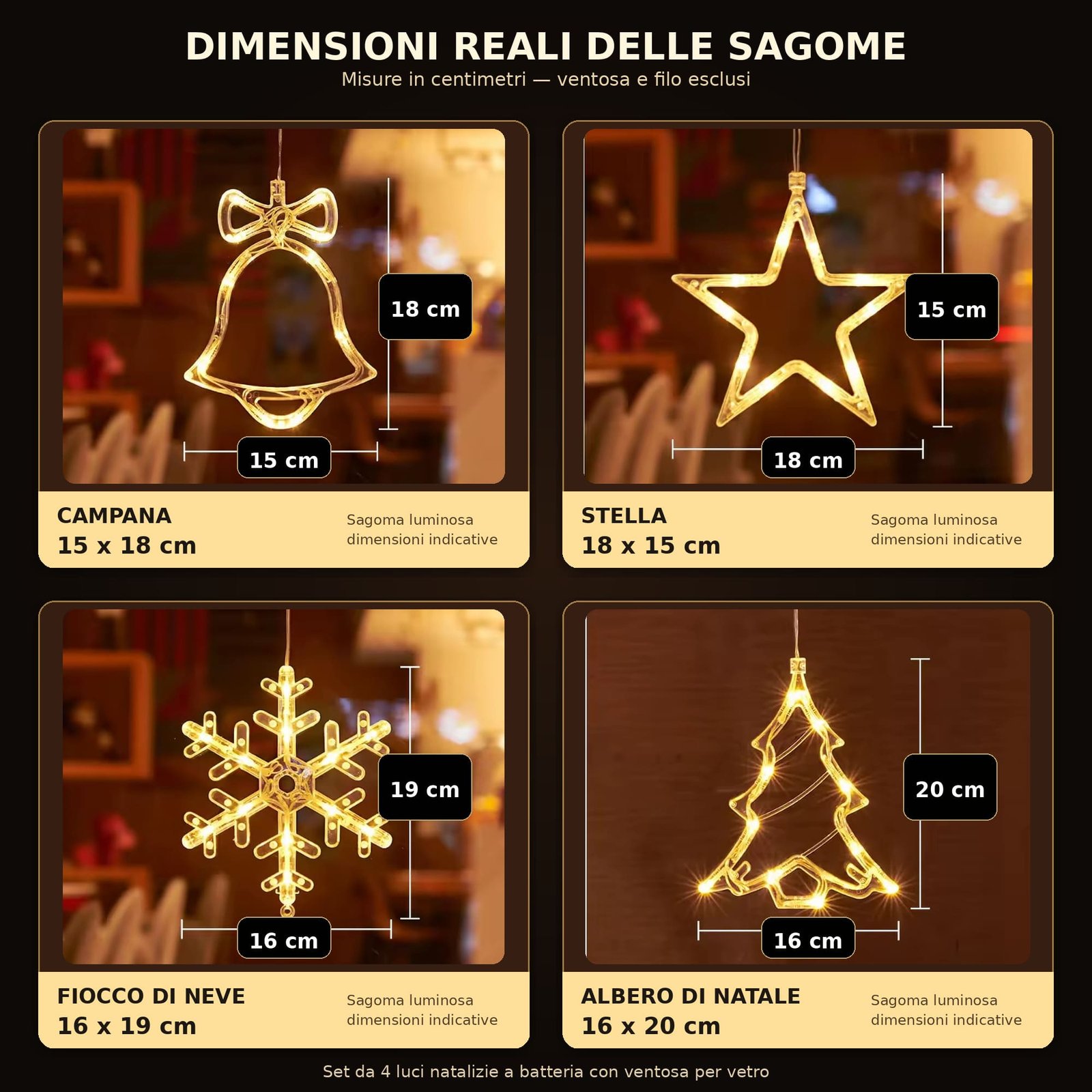 Dimensioni effettive del set di 4 luci di natale per finestre con ventosa a batteria