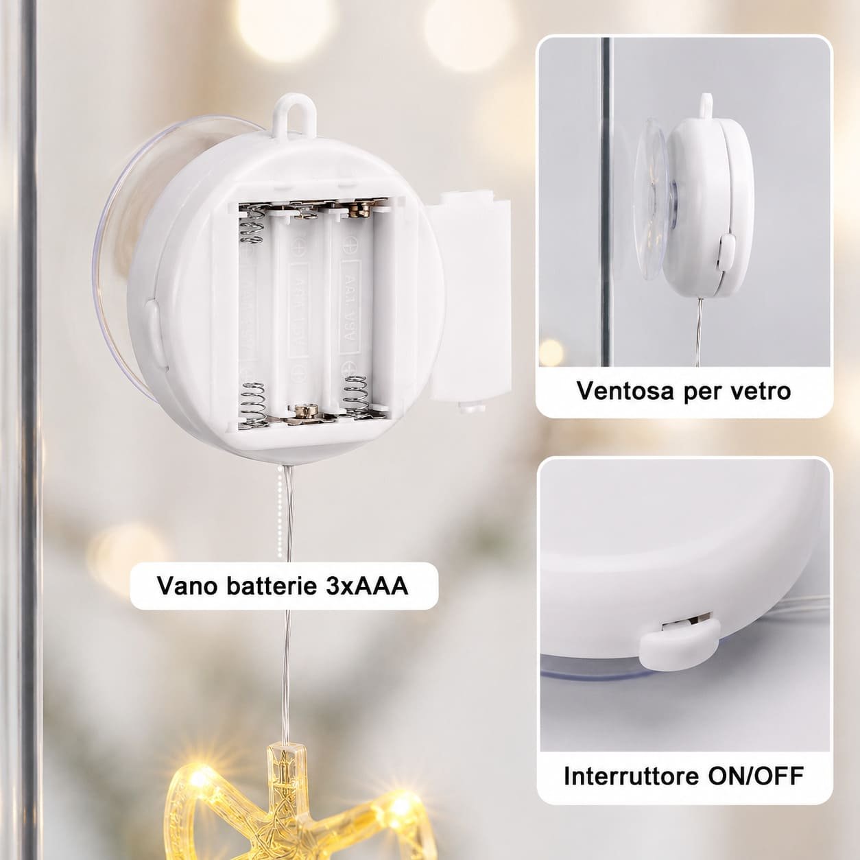4 Luci di Natale a ventosa per finestre e vetrine, batteria con funzione timer per interni ed esterni - immagine 3