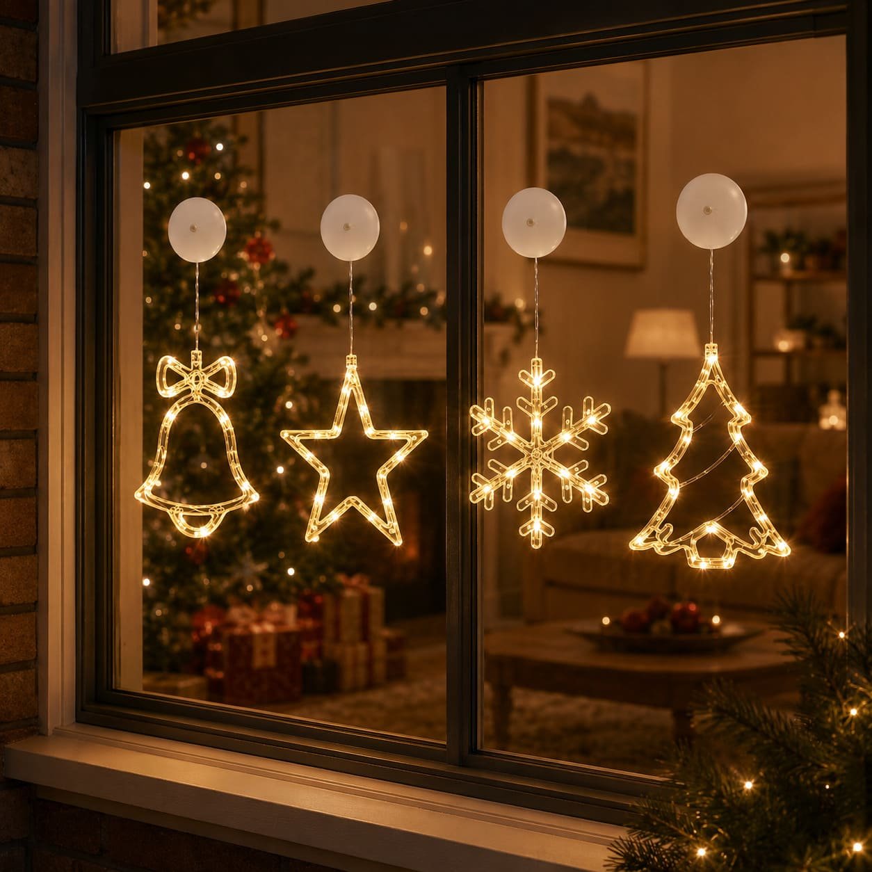 Set di 4 Luci di natale a ventosa per finestre, Campanella, Stella, Neve e Albero di Natale