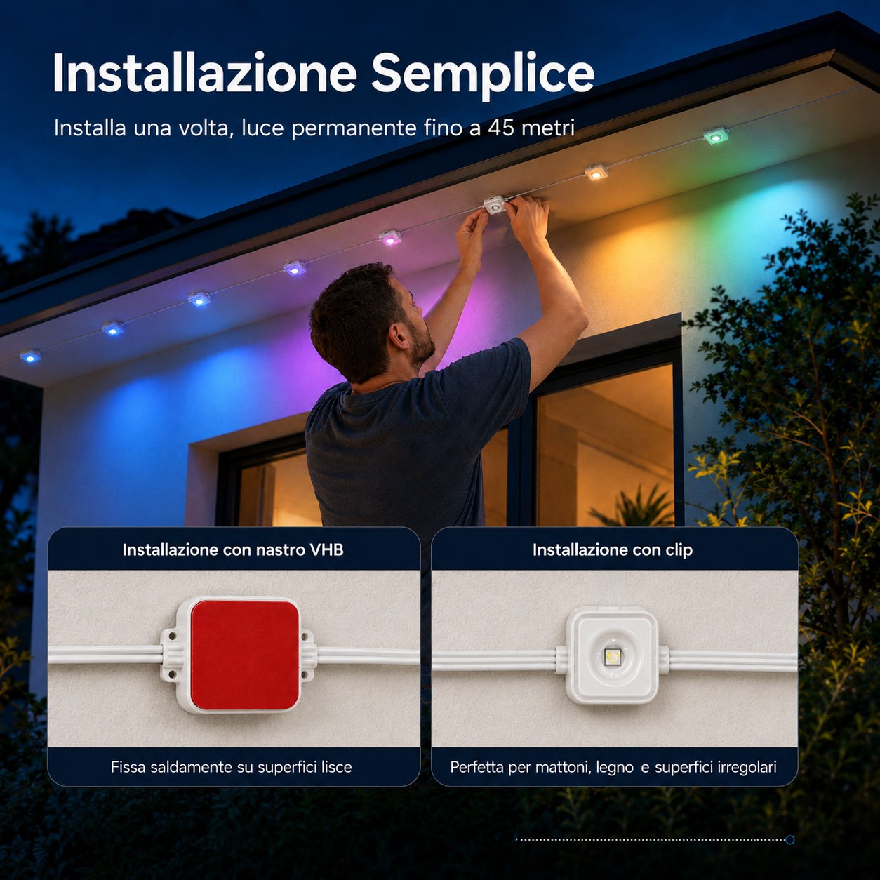 15 metri Luci LED RGBIC Permanenti da Esterno IP67 con App e Telecomando – Illuminazione per Facciate, Tetti e Pergole - immagine 5