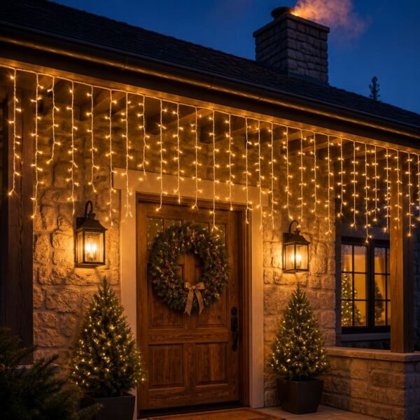 Tenda led natale 10 metri prolungabile da esterno per portico e grondaia bianco caldo