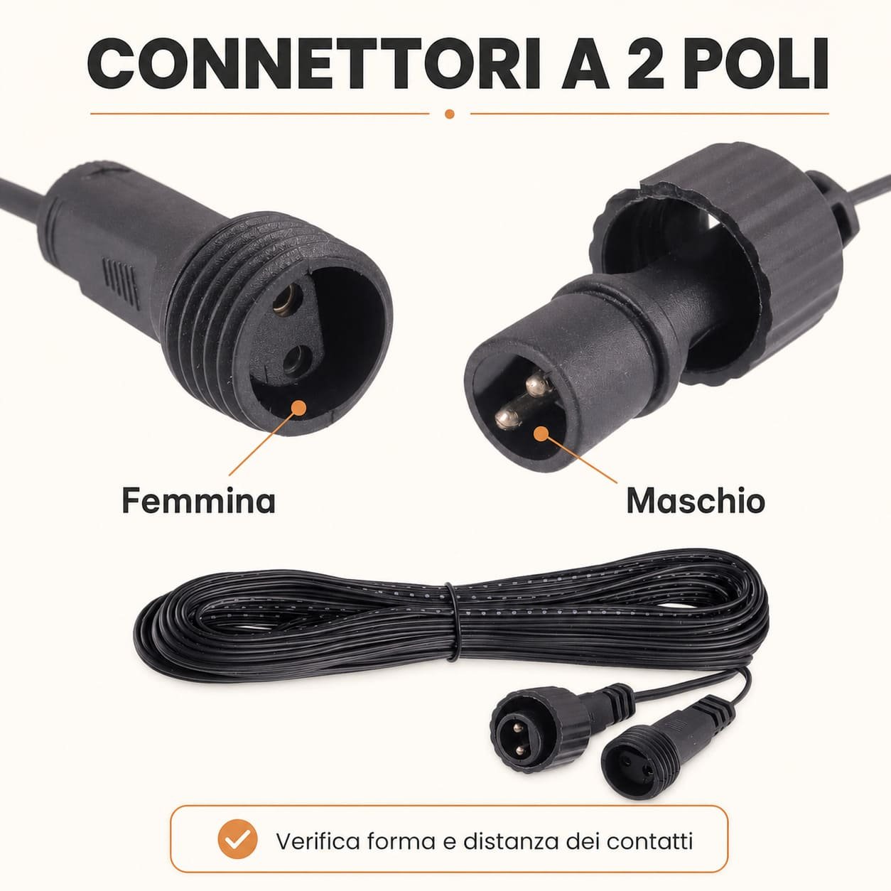 Dettaglio dei connettori a due pin della nostra prolunga per luci di natale da esterno