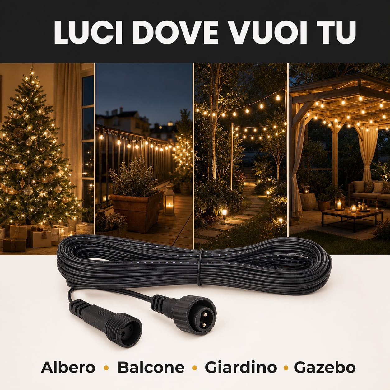 Usa la nostra prolunga per luci di natale da 10 metri dove vuoi tu.