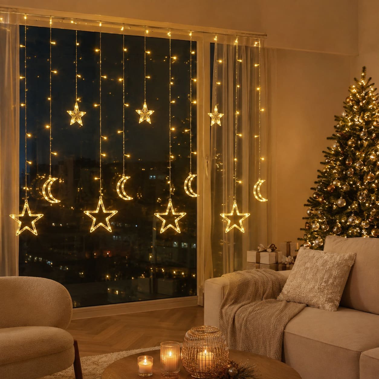 Luci di natale a tenda con stelle e lune bianco caldo a corrente